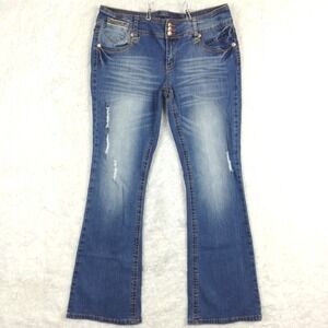 Ariya Womens Jeans Flare Blue Denim Mid Rise Distressed Stone Wash Whiskering 16